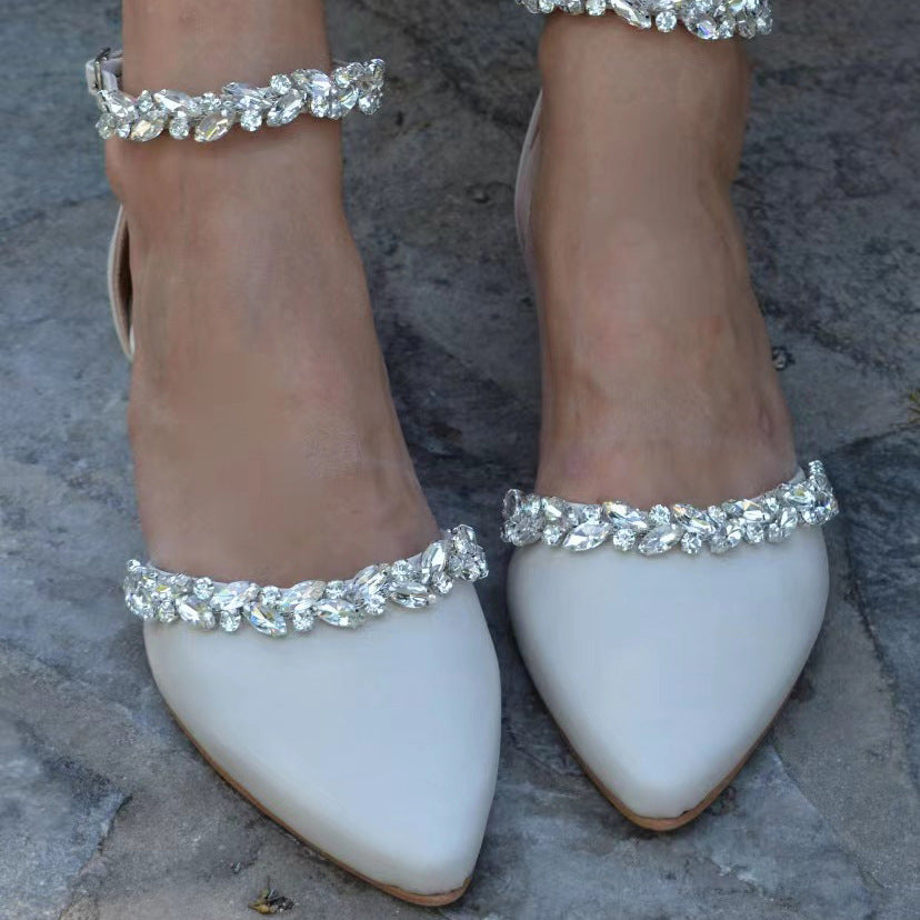 White flat sandal wedding shoes diamond chain line with large size wedding shoes  728300420906