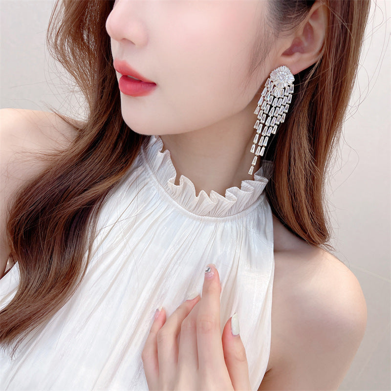 Zircon long tassel earrings 712757587269