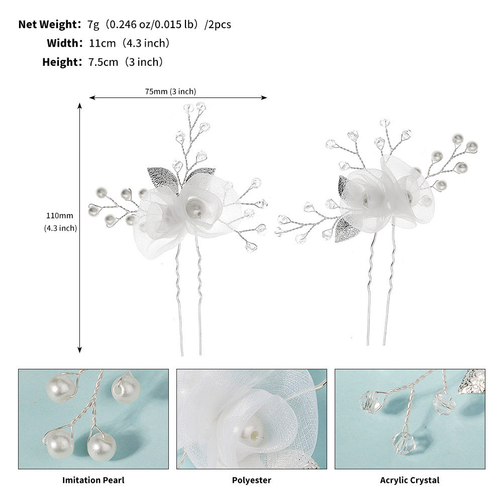 Bridal headwear U-shaped hairpin Beautiful white silk flower pin hand-made crystal pearl hairpin set of 2 755494195341