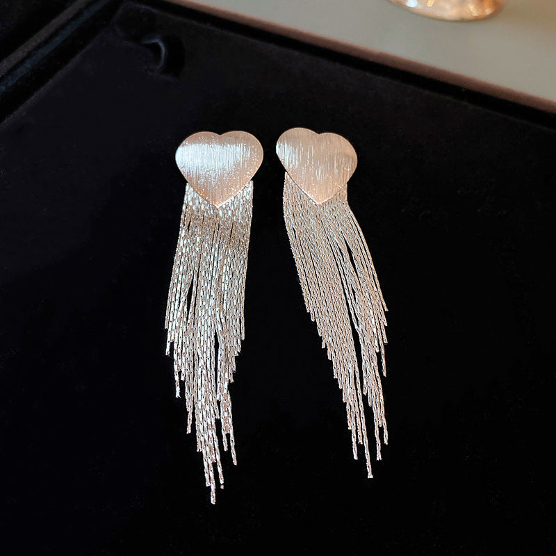 Silver needle heart square metal tassel earrings 687956869389