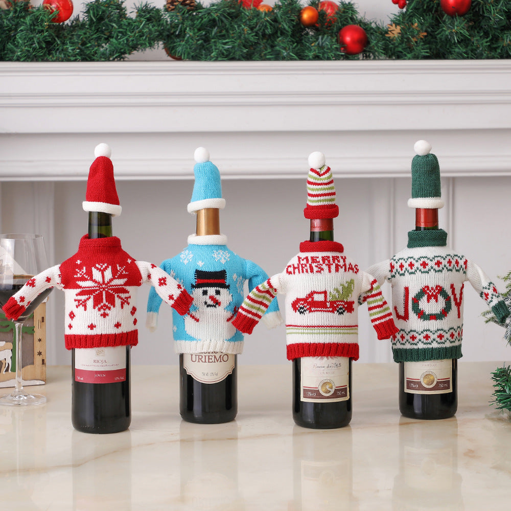 Christmas decorations wine knit bottle set holiday scene layout   807308392160