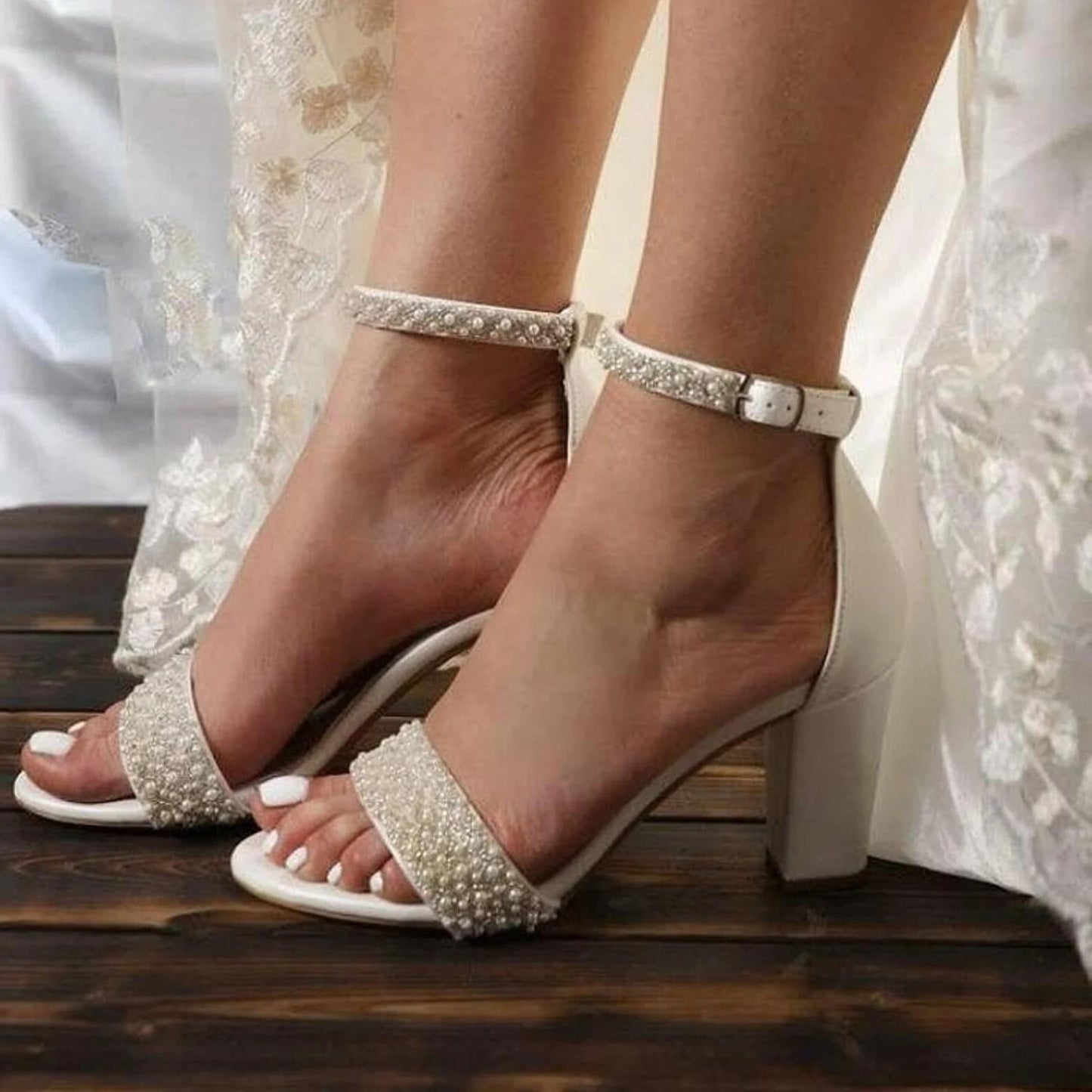 White high-heeled sandals chunky wedding shoes pearl line strap women's shoes 708036540906