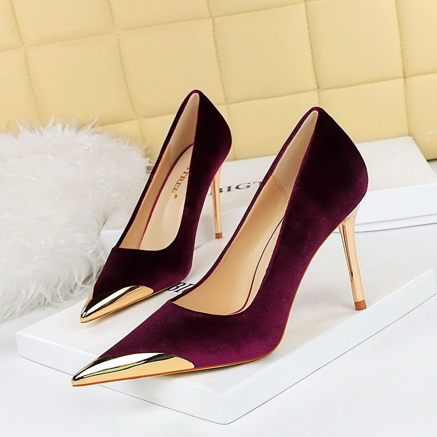 Banquet fashion light luxury high-heeled stilettos metal pointed suede dress shoes with high heels 718321941230