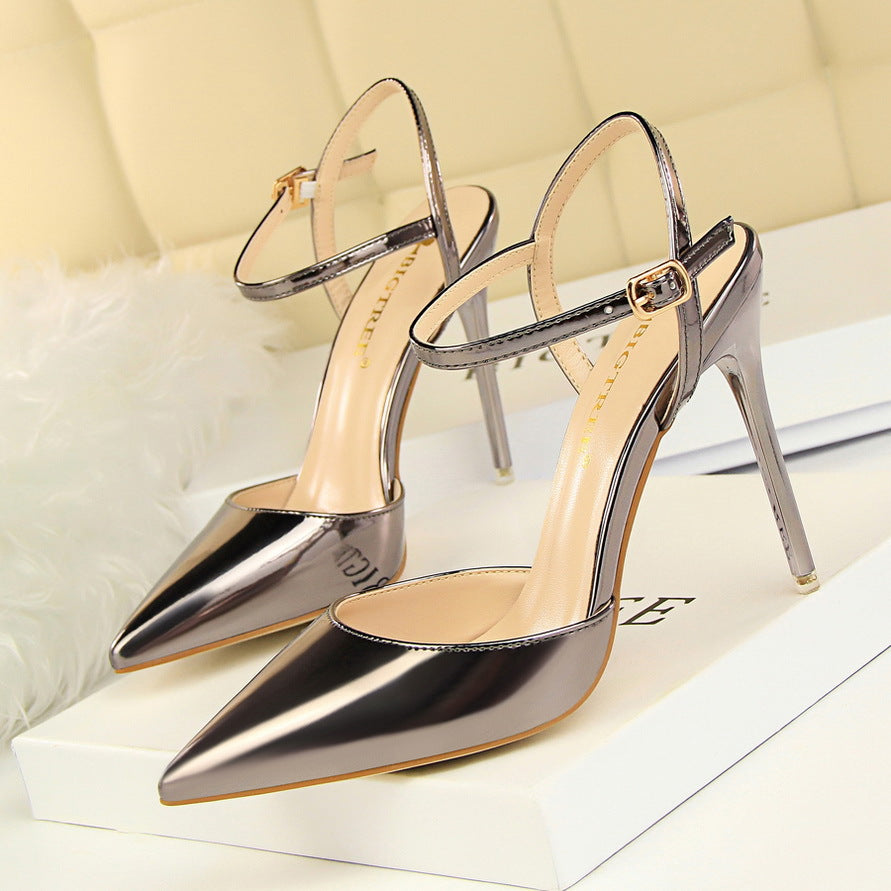 Simple slim heels super high heels shallow mouth pointed patent leather sexy line dress shoes  552220831213