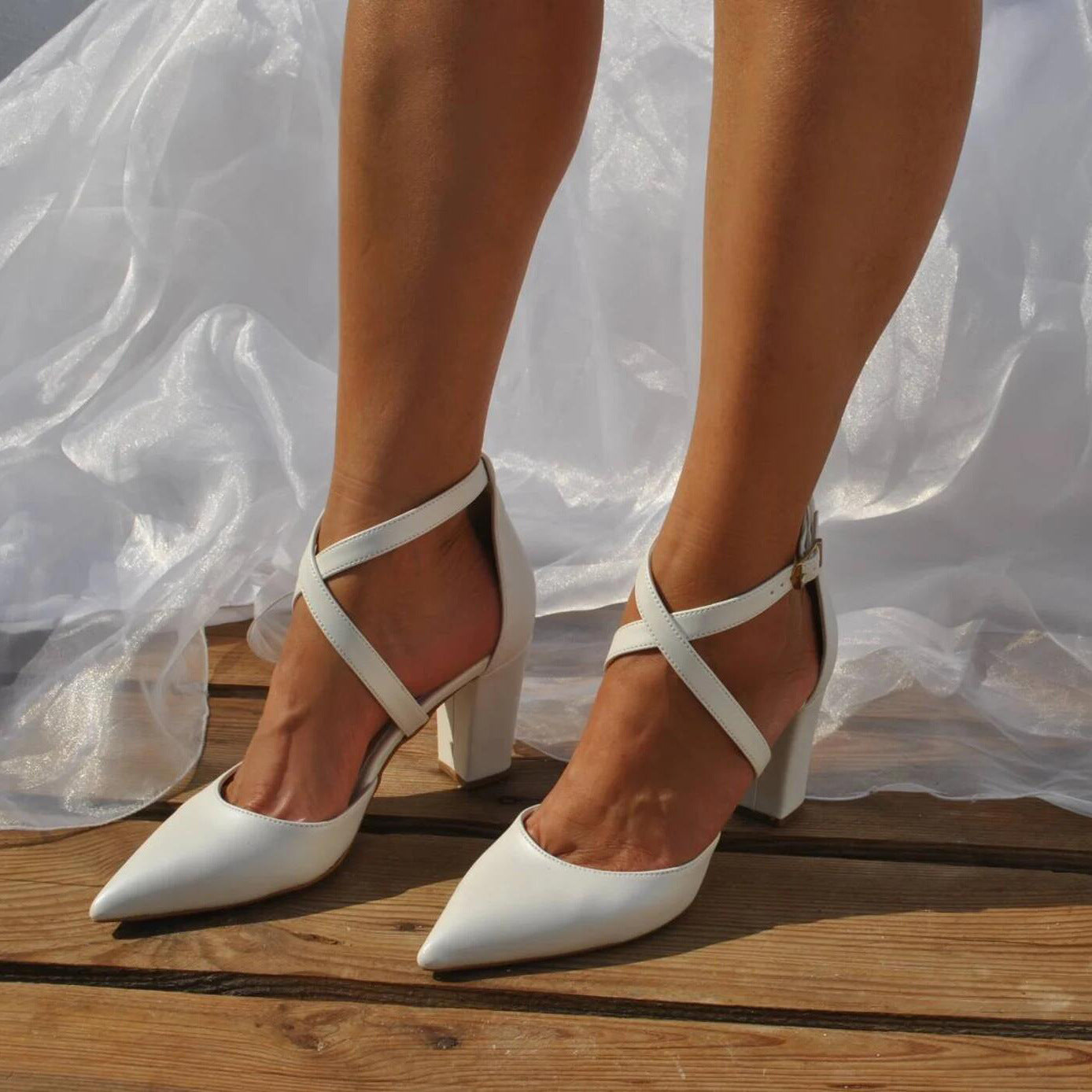 White high-heeled wedding shoes with thick heels 709079195670