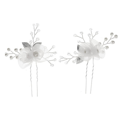 Bridal headwear U-shaped hairpin Beautiful white silk flower pin hand-made crystal pearl hairpin set of 2 755494195341