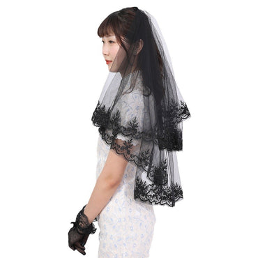 Short double comb Halloween black headdress lace veil 652118383139