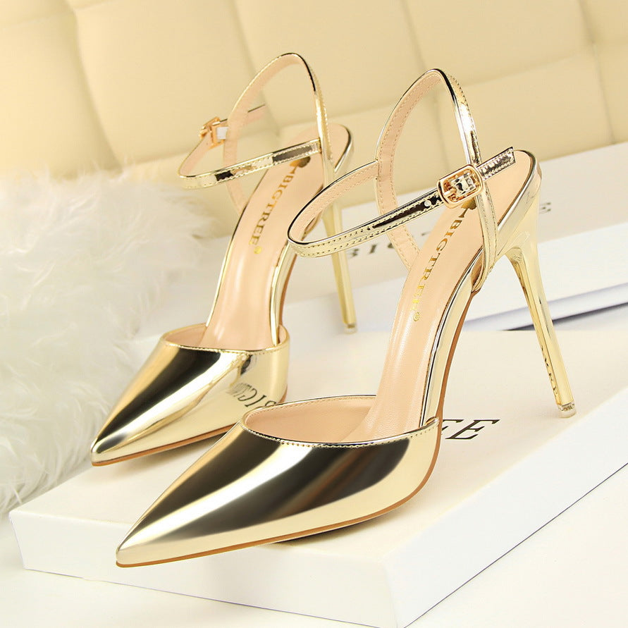 Simple slim heels super high heels shallow mouth pointed patent leather sexy line dress shoes  552220831213