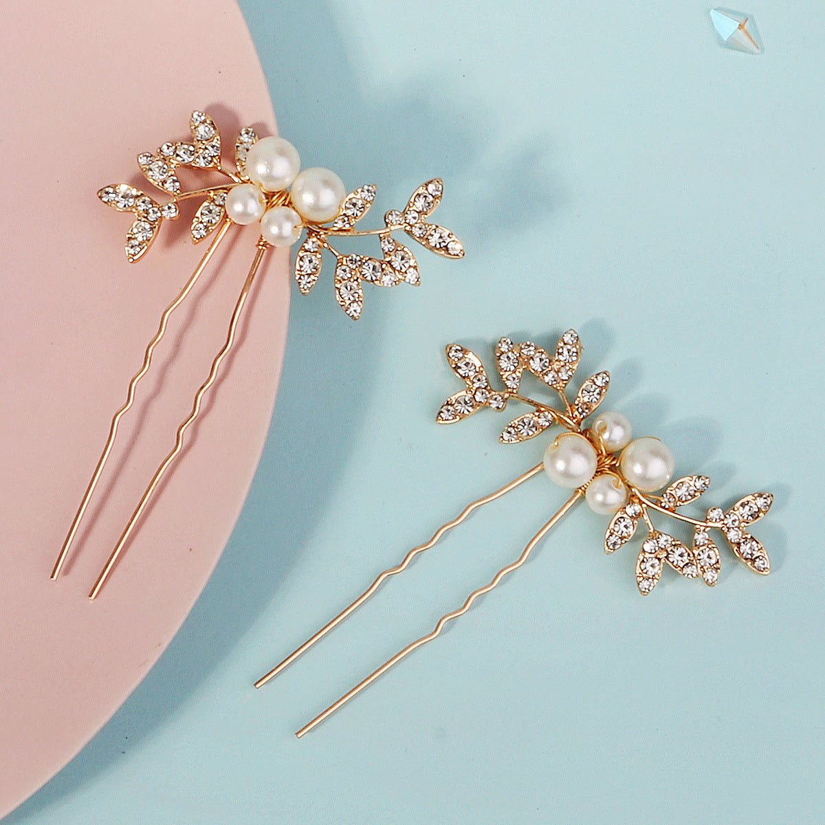 Rhinestone pearl leaf hairpin Bride headdress U-pin hairpin 773672582229