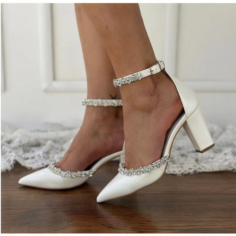 Pointy women's thick heel diamond chain big size white wedding shoes 731350490264