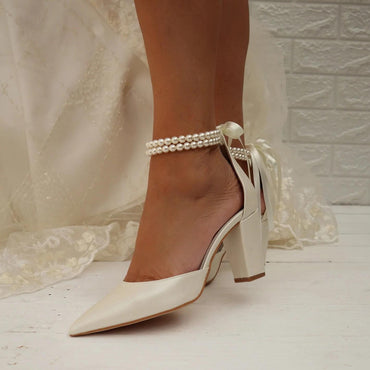 Wedding pointy women's thick white wedding shoes with pearl ribbon 708400120081