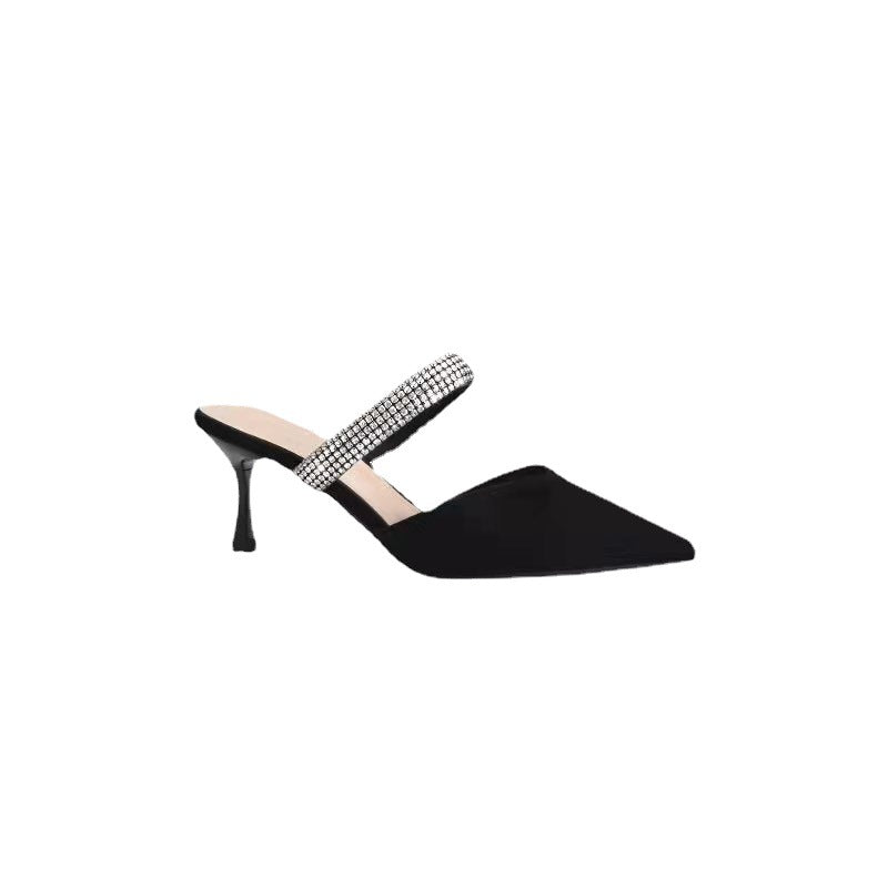 One-line drill with pointed back air stiletto bun toe high heel sandals shoes 671551594825