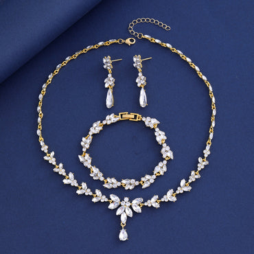 Horse eye zircon necklace earrings bracelet three-piece light luxury shiny bridal jewelry set 723684699296