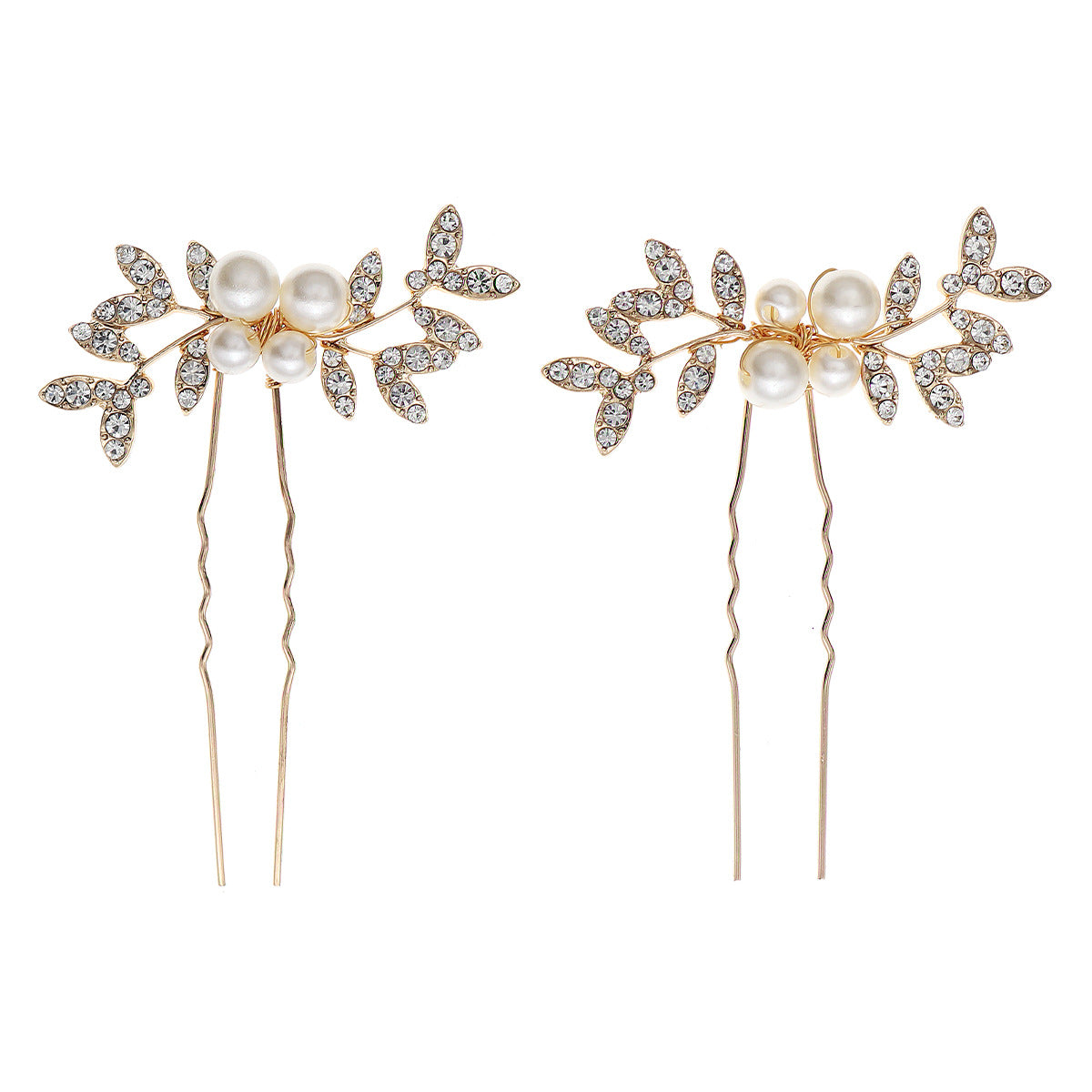 Rhinestone pearl leaf hairpin Bride headdress U-pin hairpin 773672582229