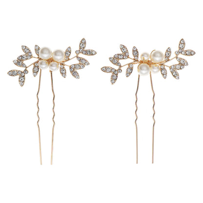 Rhinestone pearl leaf hairpin Bride headdress U-pin hairpin 773672582229