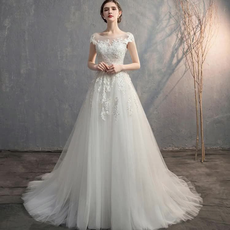 A-Line Sweep-Brush Train Lace Tulle Wedding Dress 774150163562