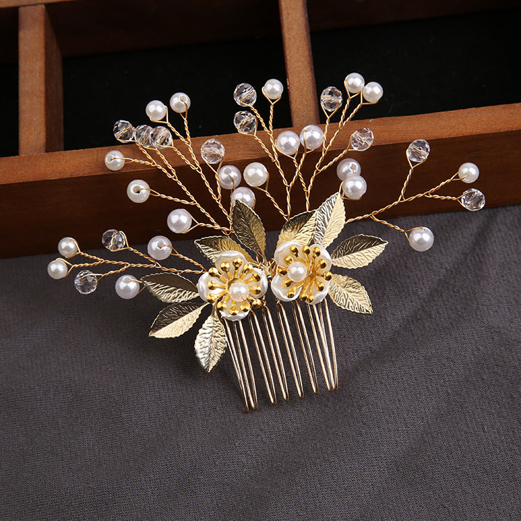 Handcrafted pearl set with Gold leaf hair comb 725487239358