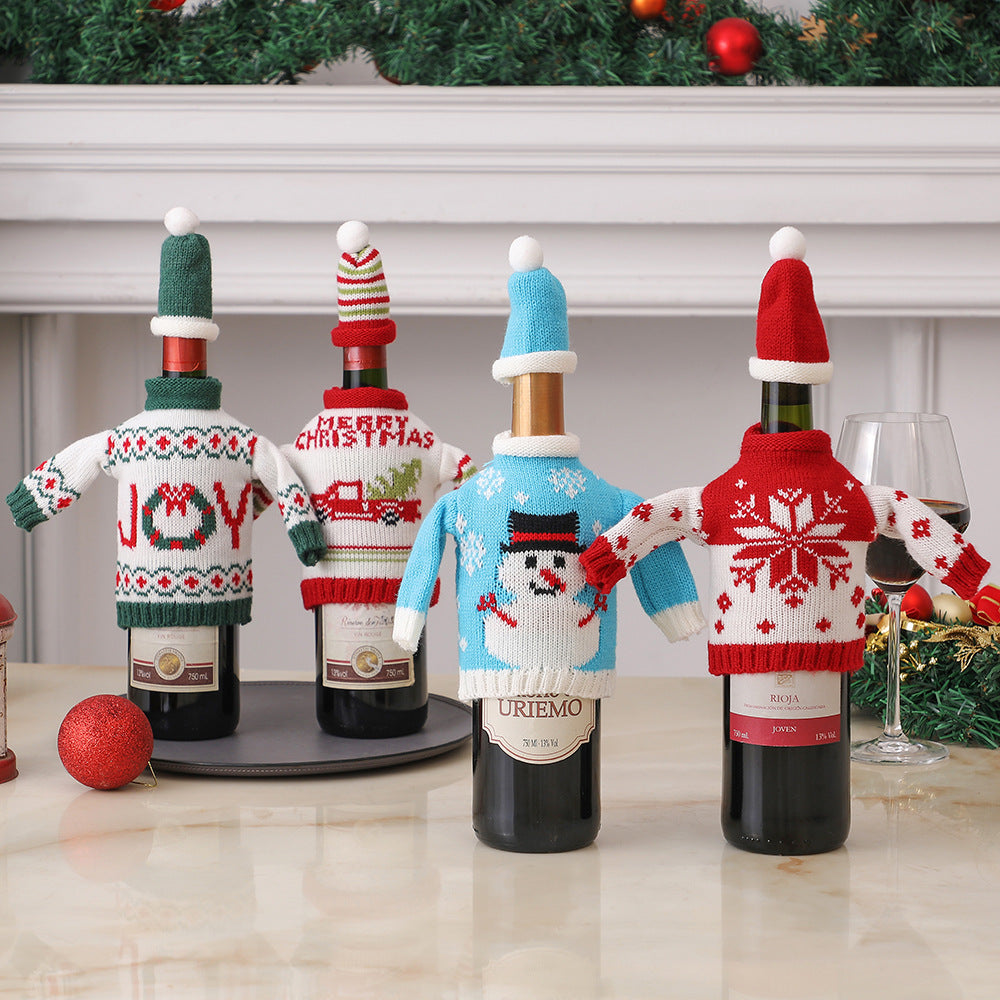 Christmas decorations wine knit bottle set holiday scene layout   807308392160