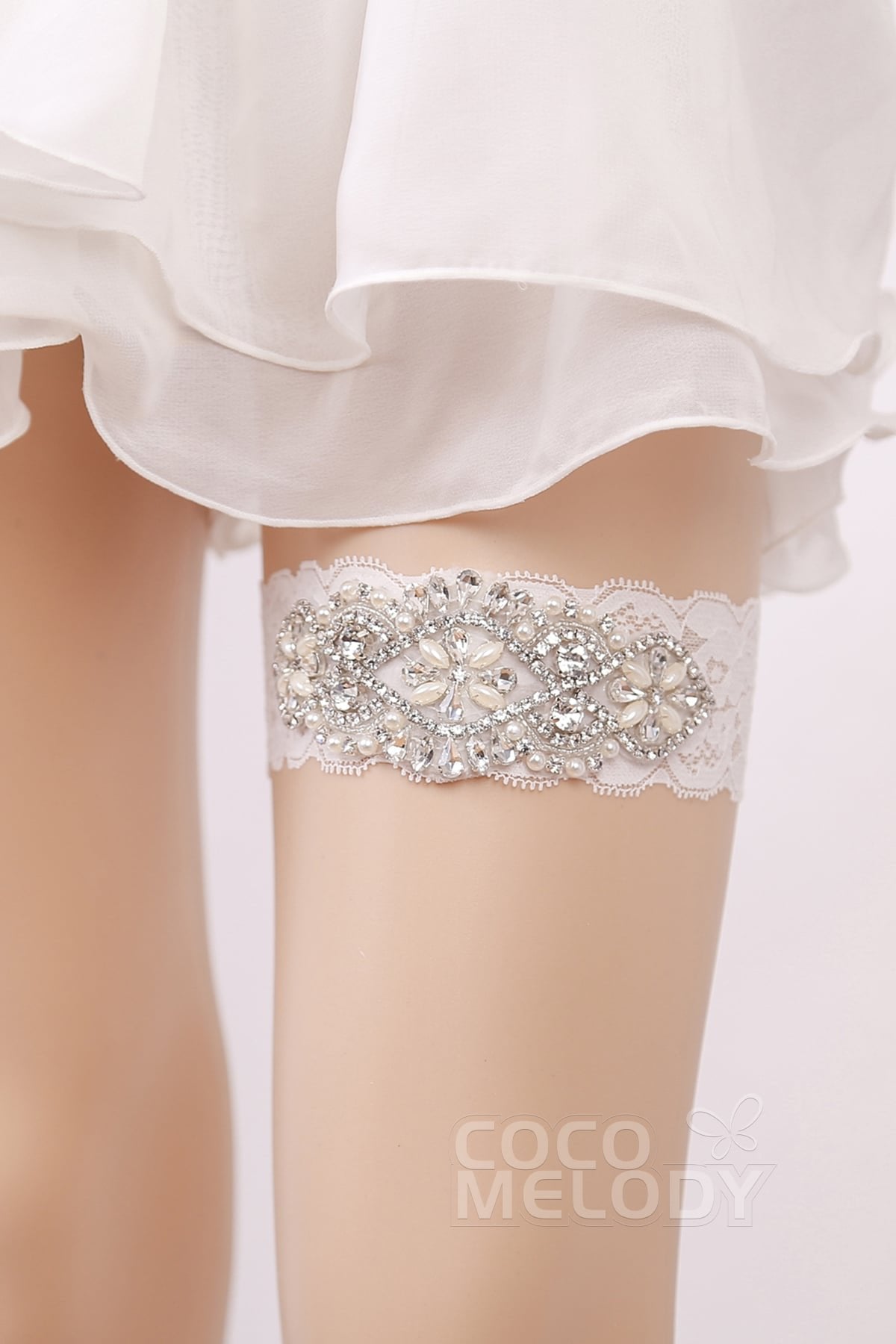 COCOMELODY Lace Wedding Garter with Diamond and Pearls WD17011 