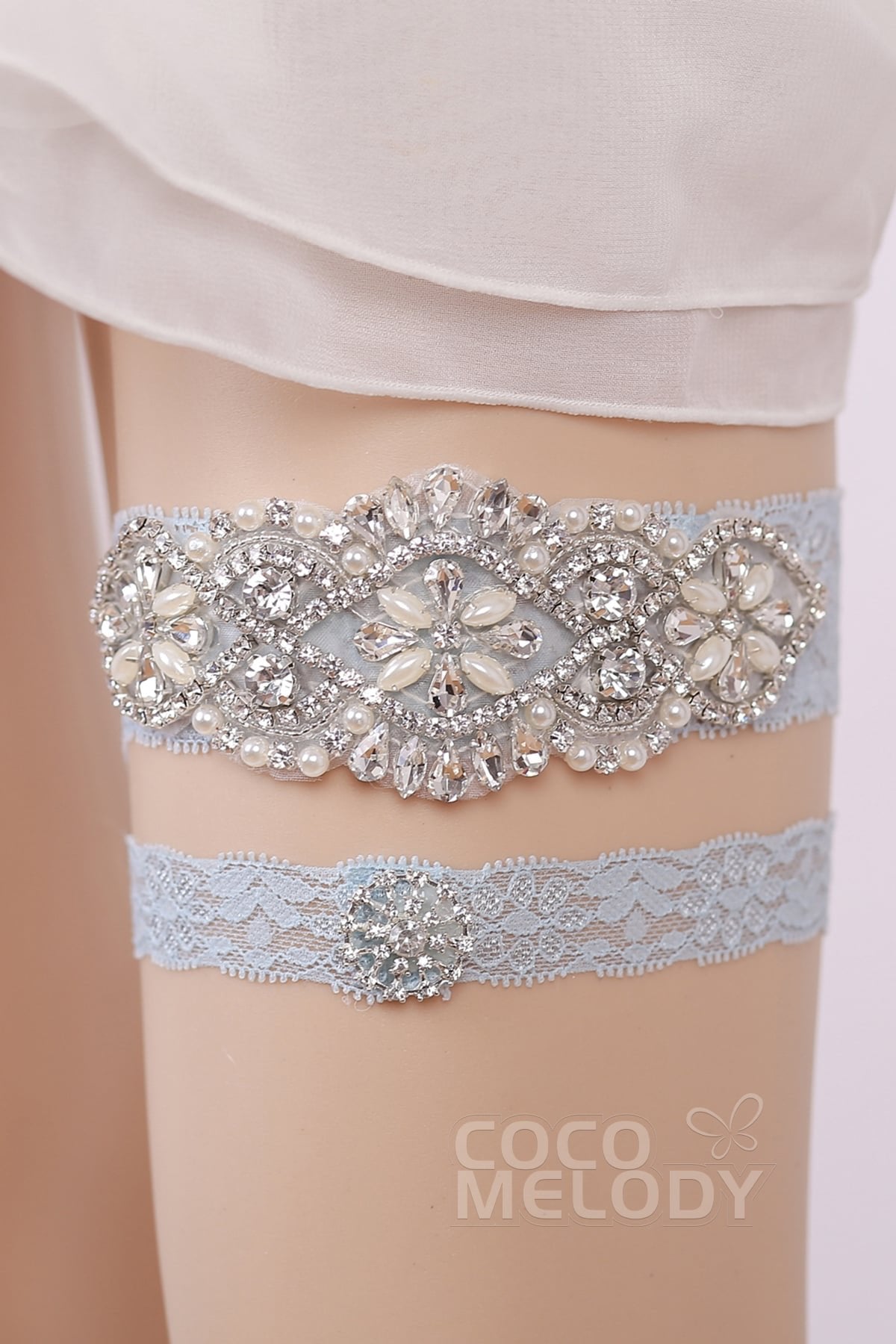 COCOMELODY Lace Wedding Garter with Diamond and Pearls WD17019 