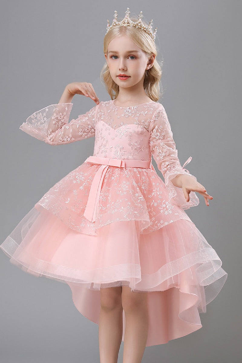 A-Line Scoop Neck Long Sleeve High-Low Tulle Flower Girl Dresses 732392319918