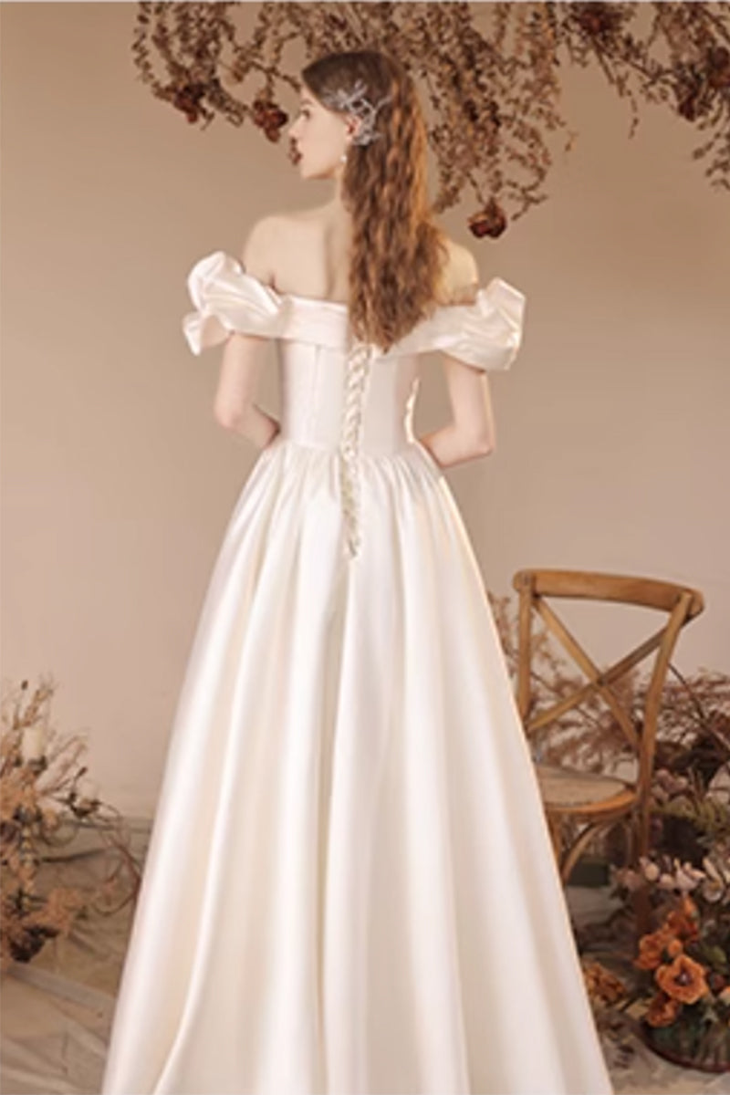 A-Line Floor Length Satin Wedding Dress 708336222057