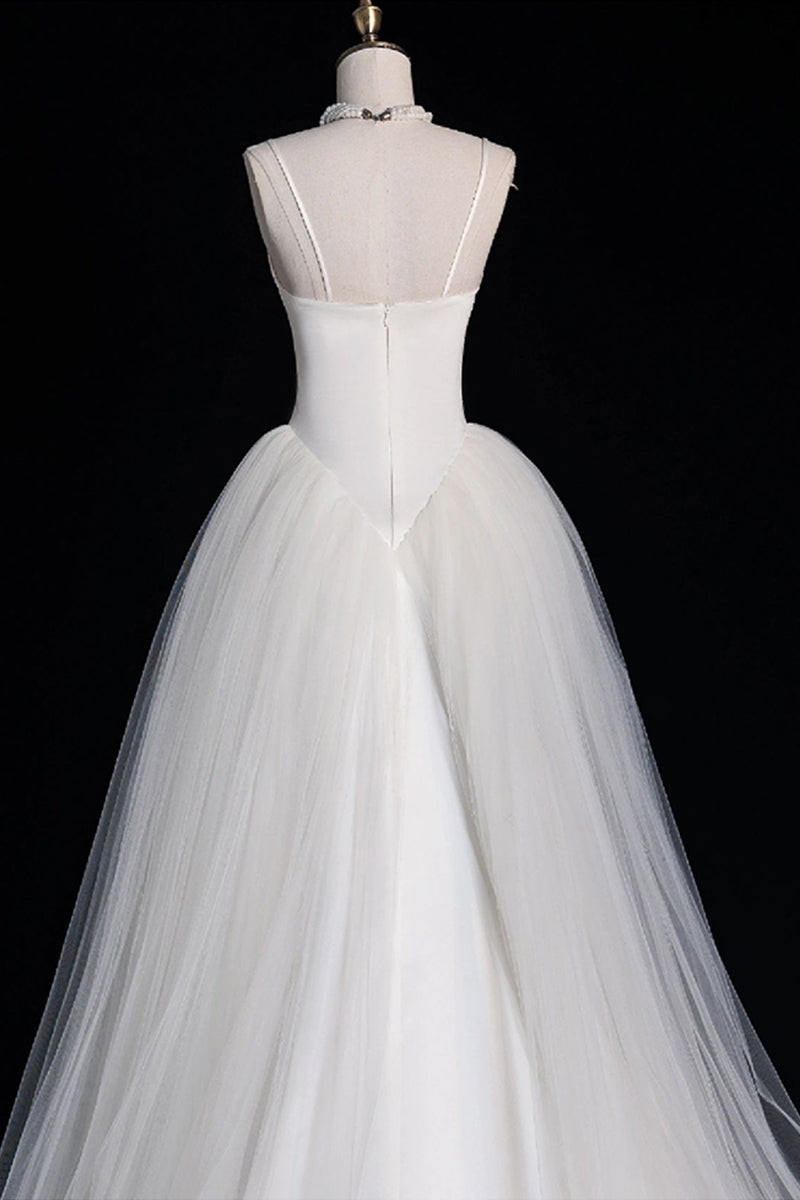 A-Line Sweep-Brush Train Satin Tulle Wedding Dress 735531201362