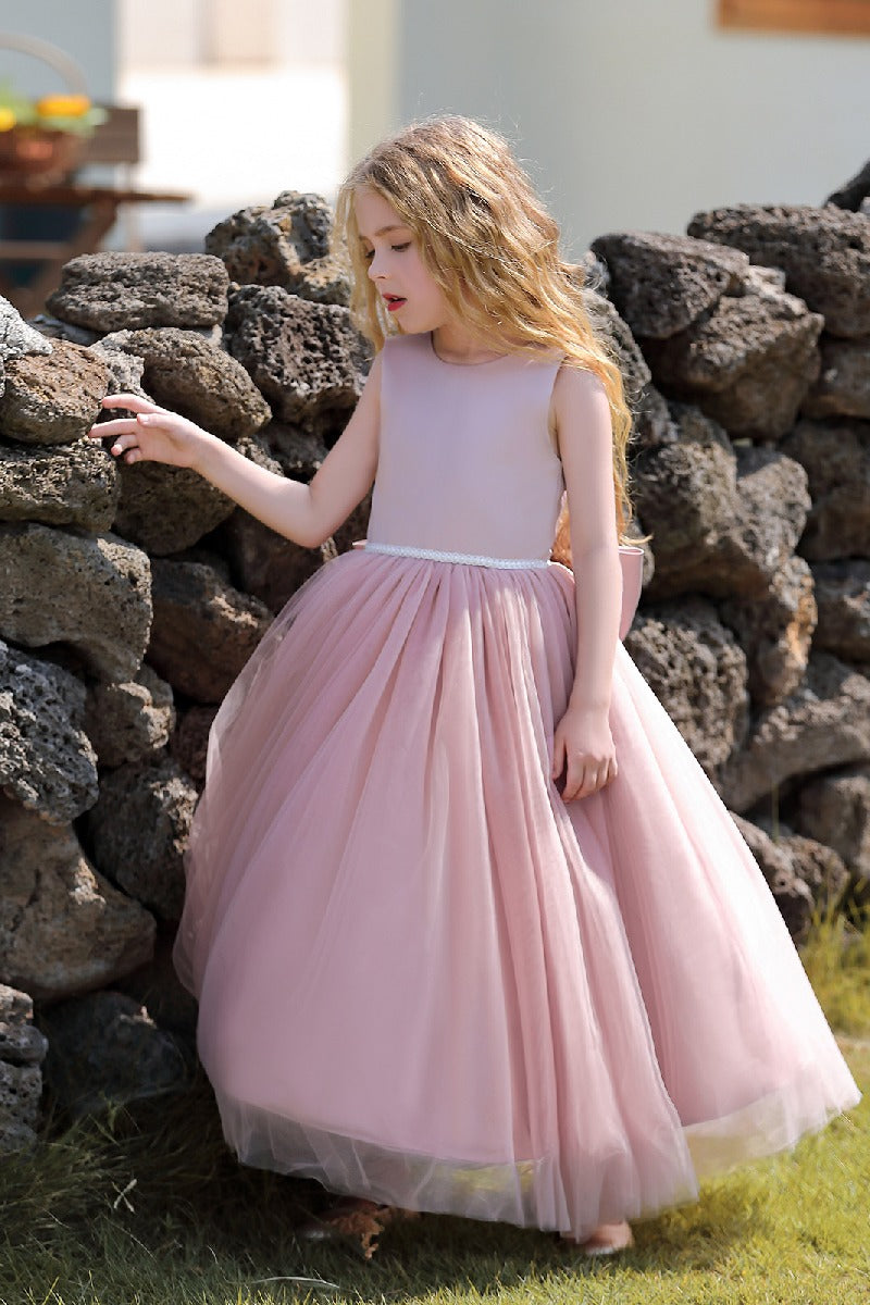 A-Line Scoop Neck Sleeveless Floor-Length Satin/Tulle Flower Girl Dresses With Bow(s)  744500696201