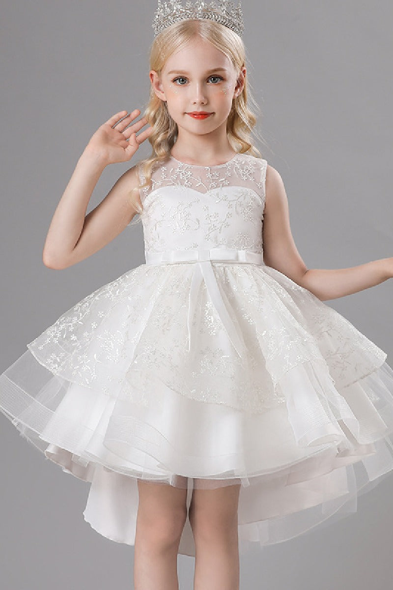 A-Line Scoop Neck Sleeveless High-Low Tulle Flower Girl Dresses 689179187830