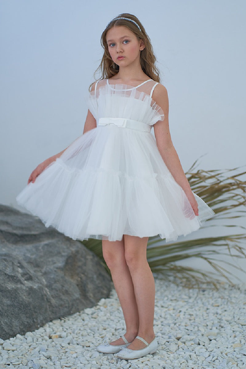 Ball-Gown Square Neckline Knee-Length Tulle Removable tail Flower Girl Dresses 776544998685