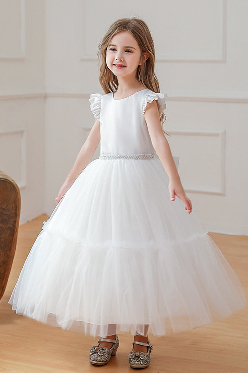 Ball-Gown Scoop Neck Satin/Tulle Flower Girl Dresses With Bow(s)/Beading 784695000859