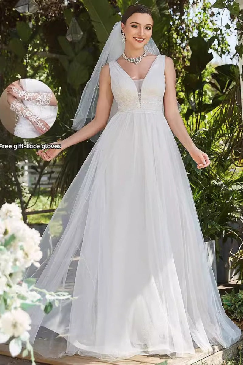 A-Line  Sweep-Brush Train Tulle Wedding Dress 837230348553