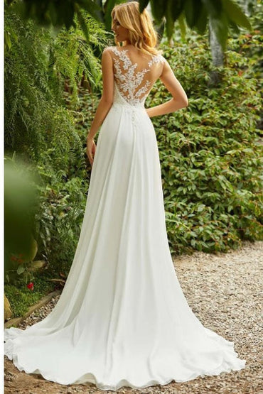 A-Line Sweep-Brush Train Lace Chiffon Wedding Dress 731359582005