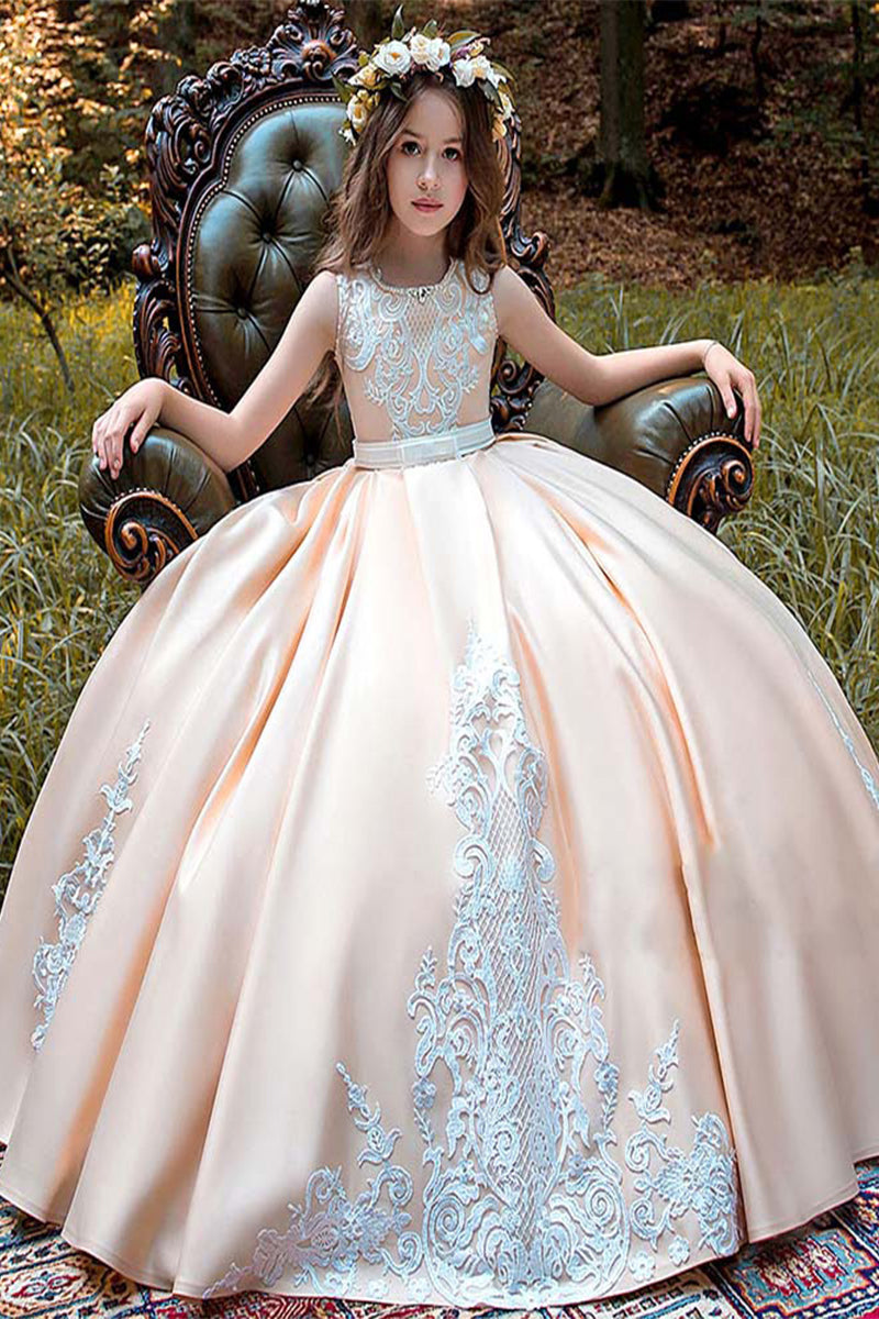 Ball-Gown Scoop Neck Sleeveless Satin Court Train Flower Girl Dresses 607388729160