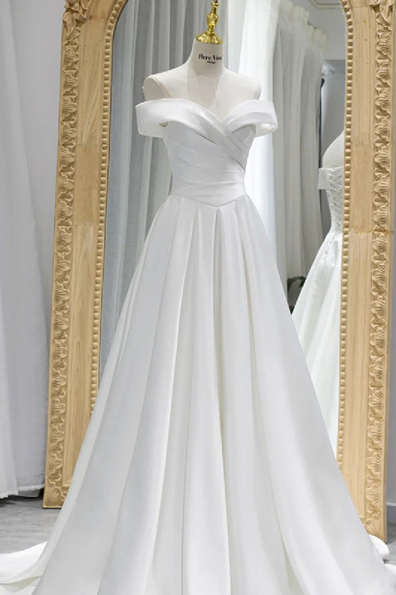 A-Line Sweep-Brush Train Satin Wedding Dress 657200409206