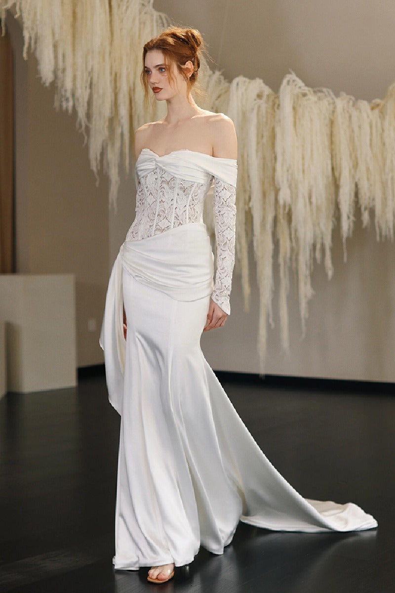 Sheath-Column Court Train Lace Satin Wedding Dress 818657898360