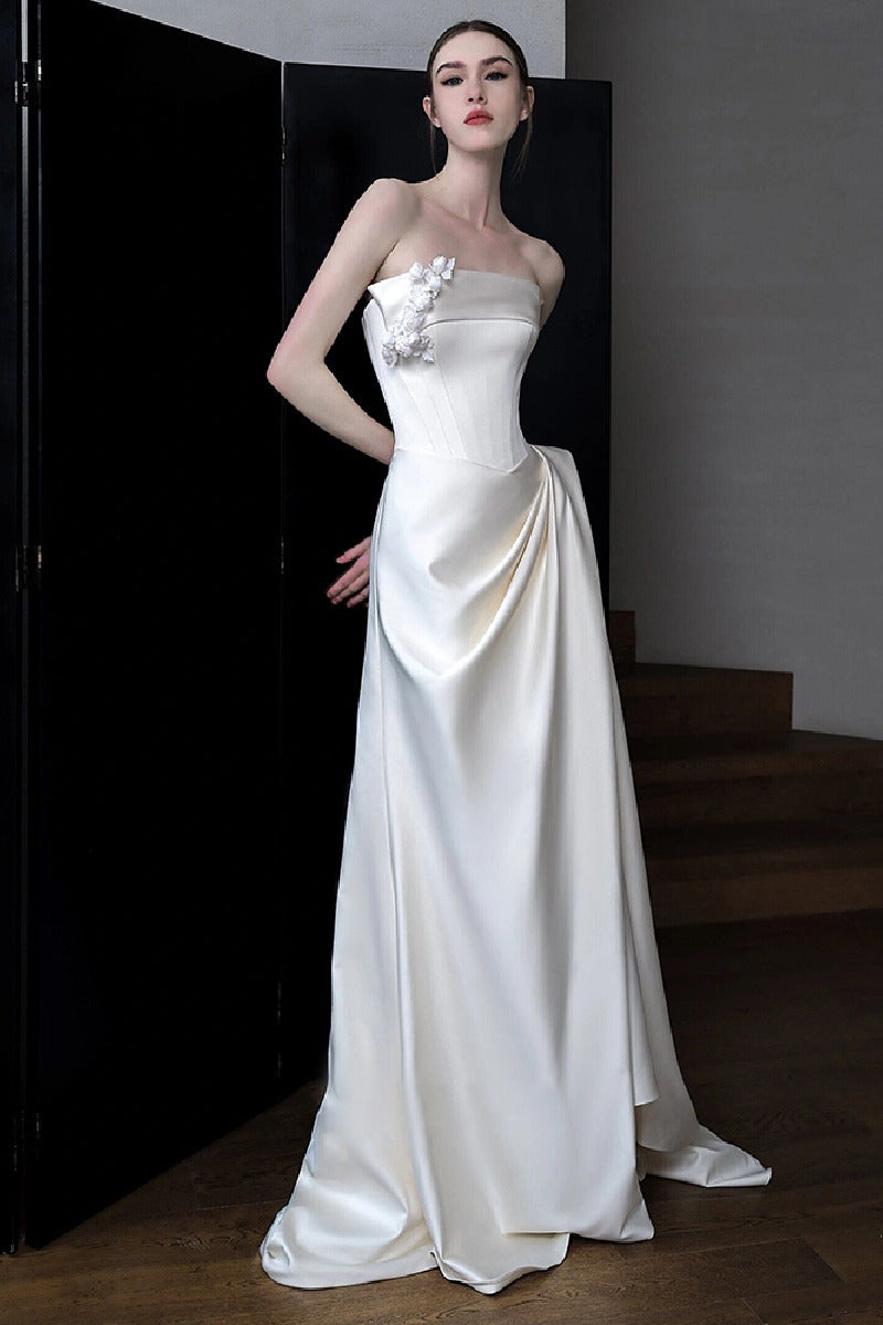 Sheath-Column Sweep-Brush Train Satin Wedding Dress 761888350591