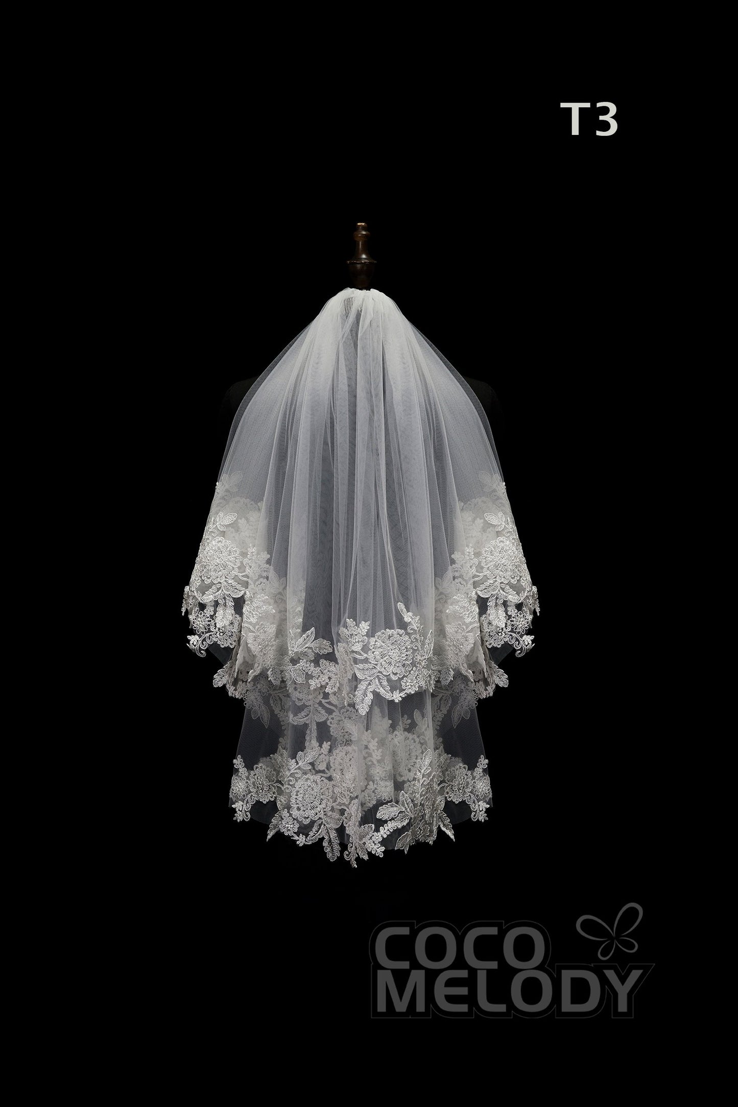 One-tier Lace Edge Tulle Hip Veils with Appliques AV180001