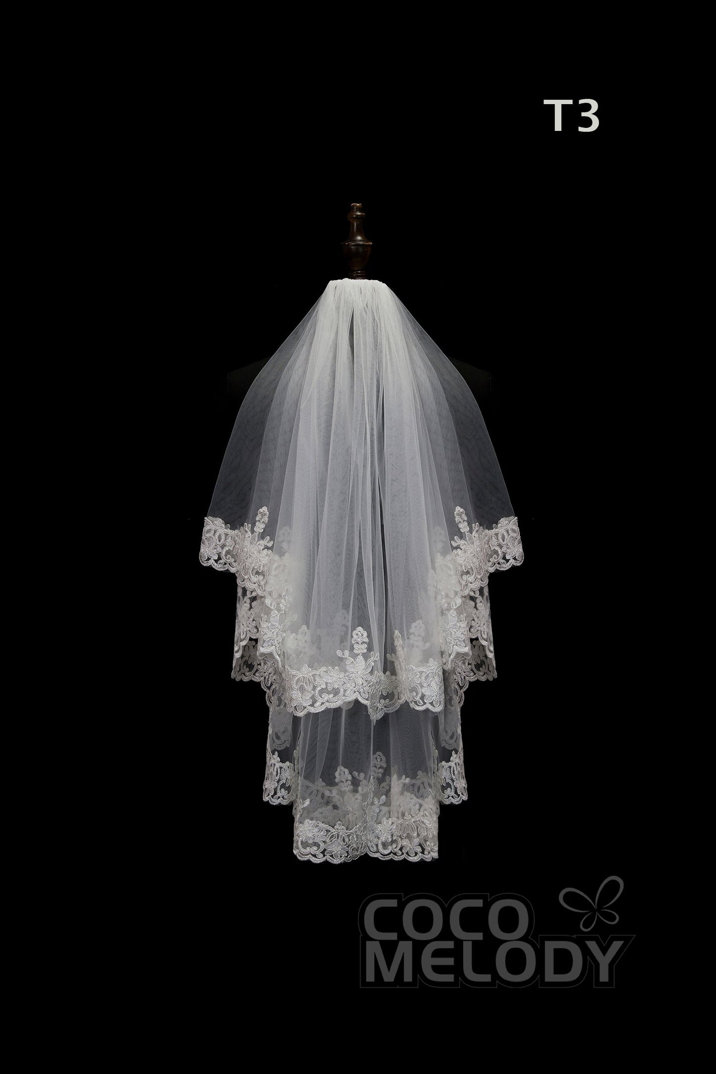 One-tier Lace Edge Tulle Hip Veils with Appliques AV180010