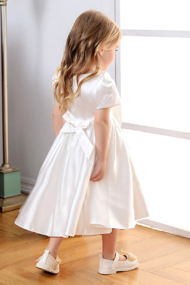 A-Line Illusion Neck Short Sleeves Satin Flower Girl Dresses With Bow(s)  669333816098