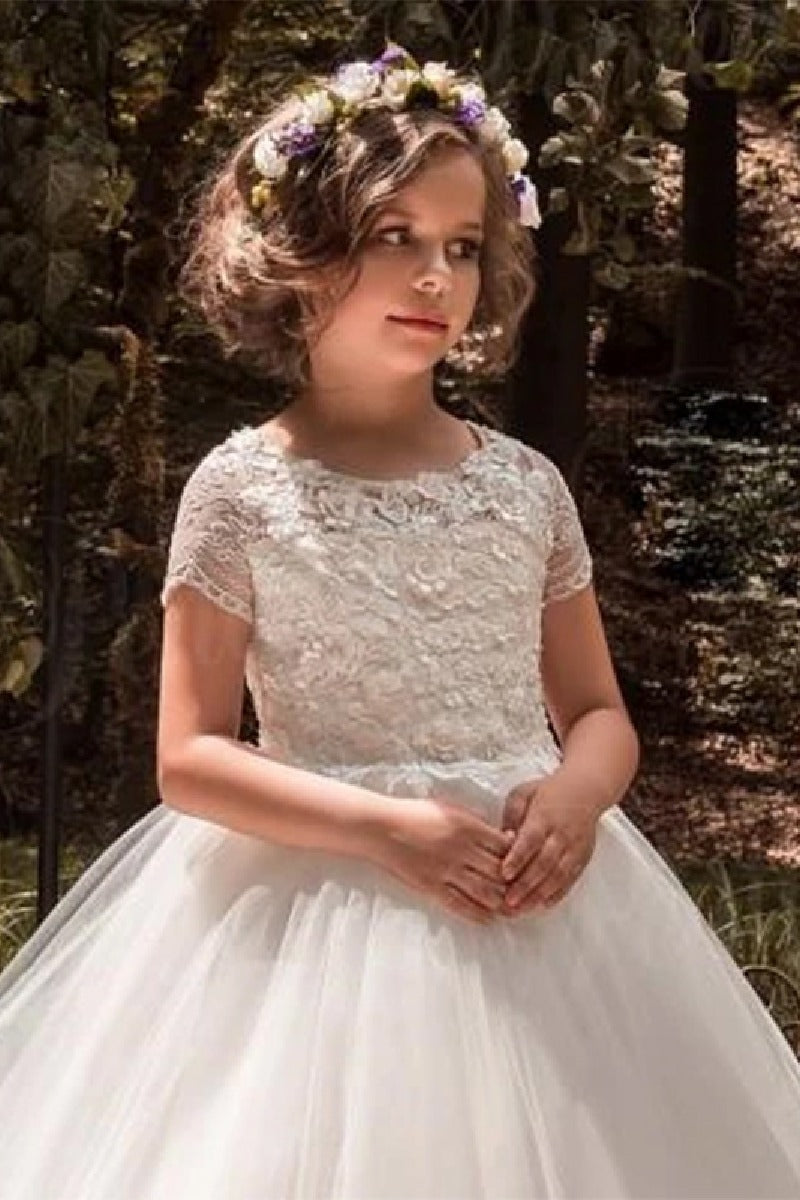 A-Line Scoop Neck Short Sleeve Tulle Court Train  Flower Girl Dresses  819345177220