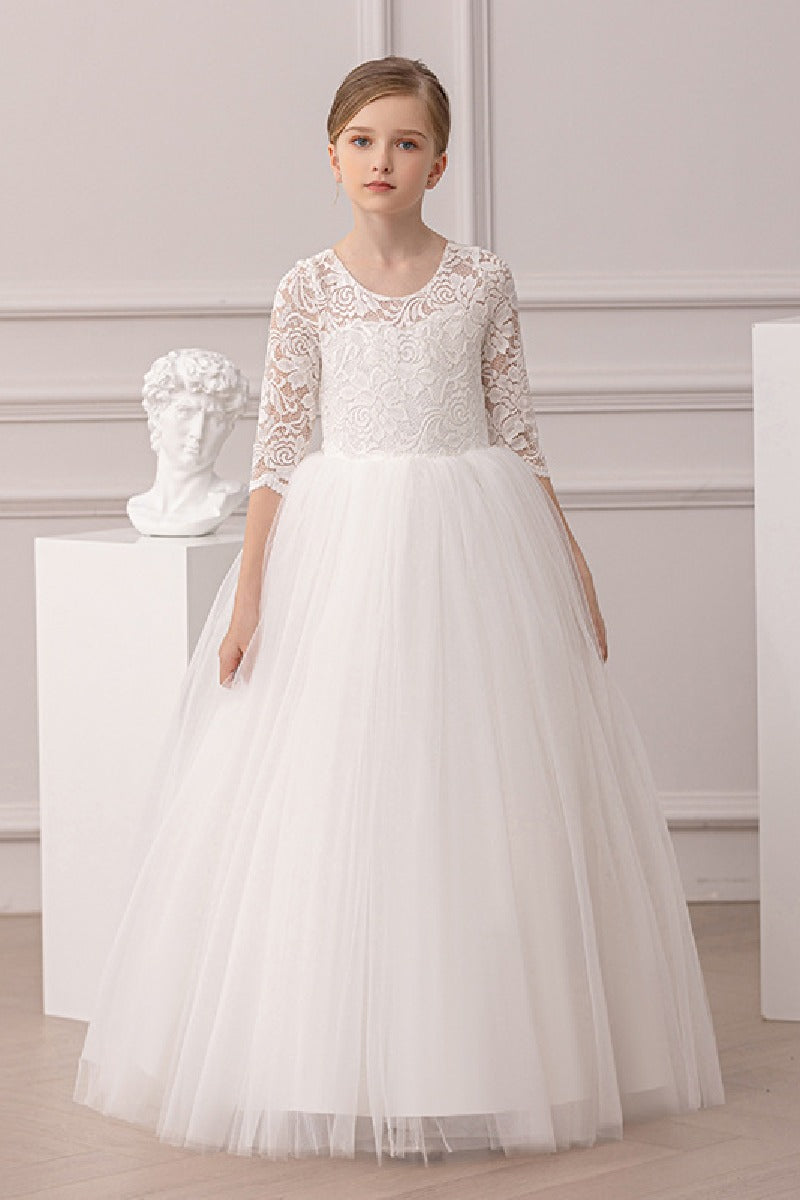 Ball-Gown Illusion Neck 3/4 Length Sleeve Lace/Tulle Flower Girl Dresses With Lace 855880153423