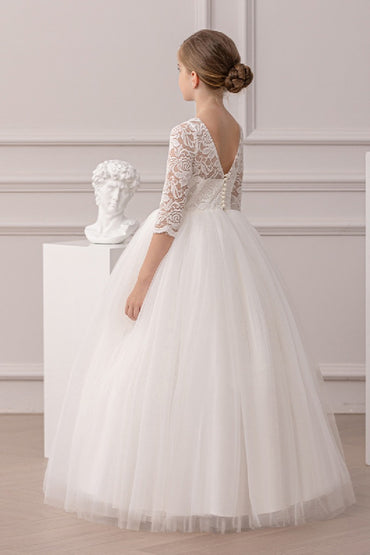 Ball-Gown Illusion Neck 3/4 Length Sleeve Lace/Tulle Flower Girl Dresses With Lace 855880153423