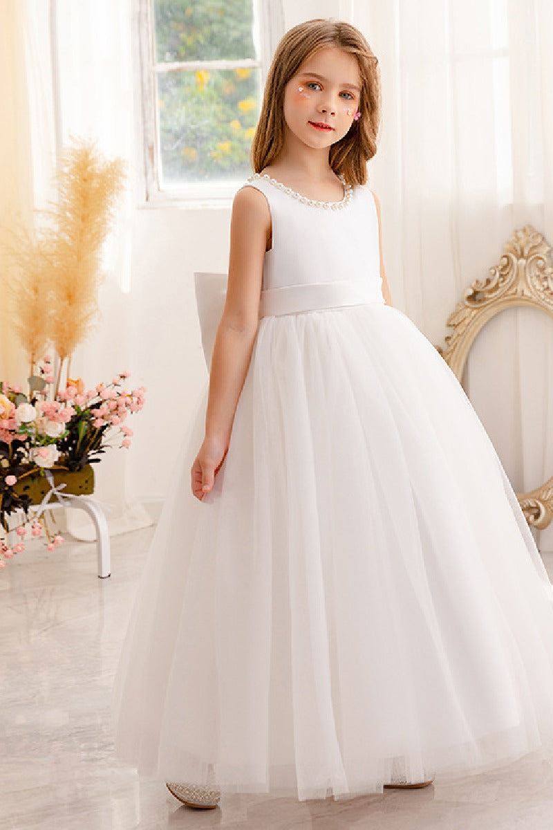 A-Line Scoop Neck Satin/Tulle Flower Girl Dresses With Bow(s)/Beading 752041855392