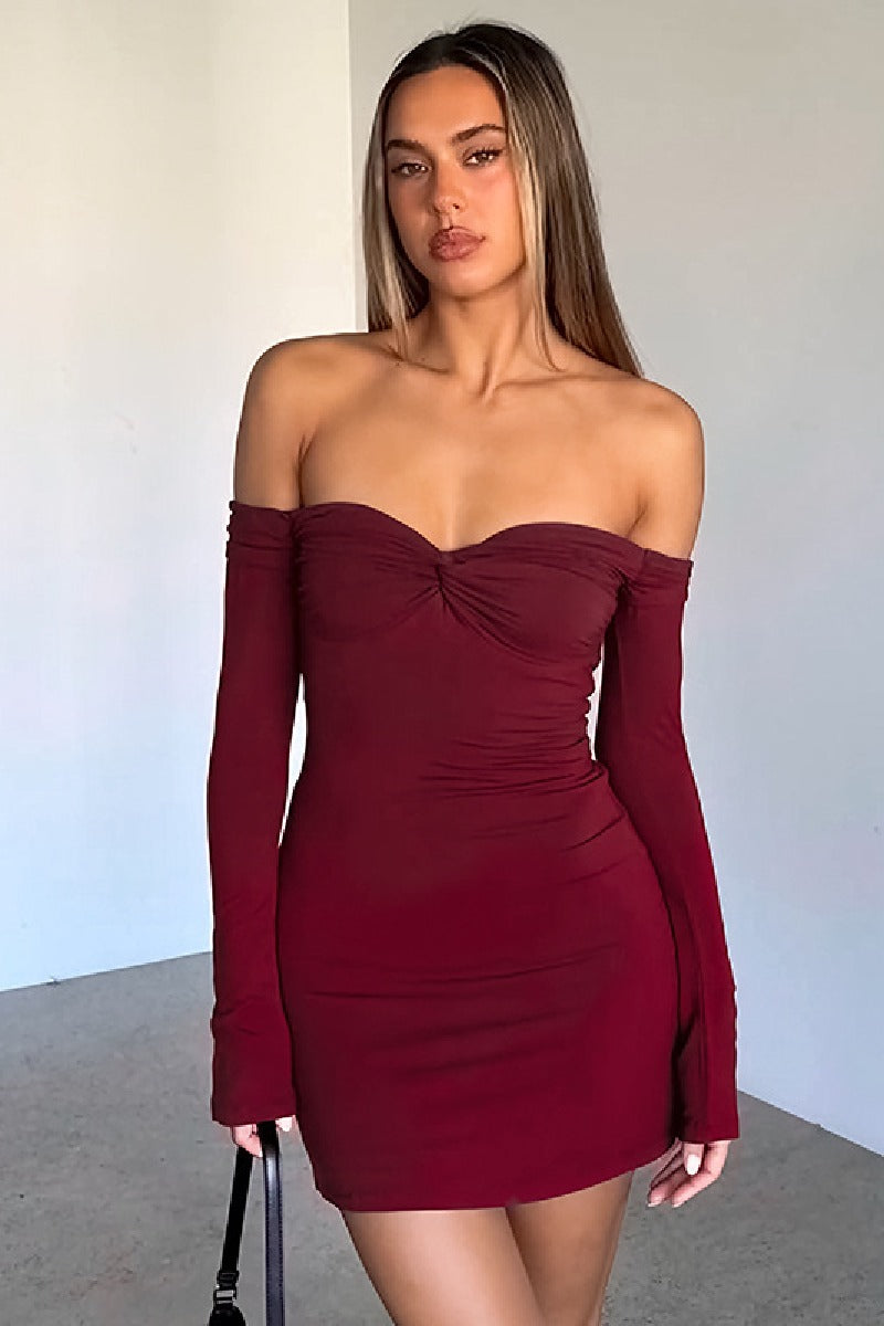 Sexy one-shoulder backless long-sleeved cocktail dress 846527249416