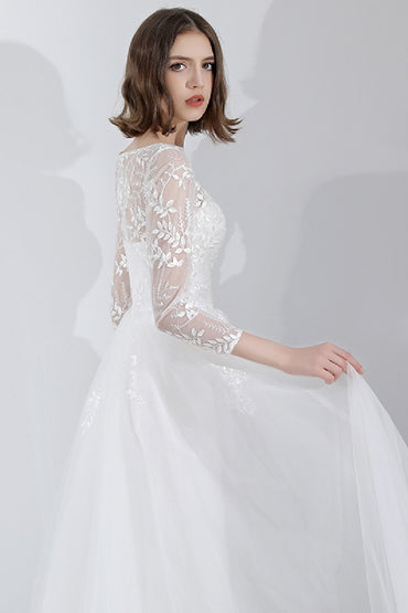 A-Line Floor Length Lace Tulle Wedding Dress 629871670095