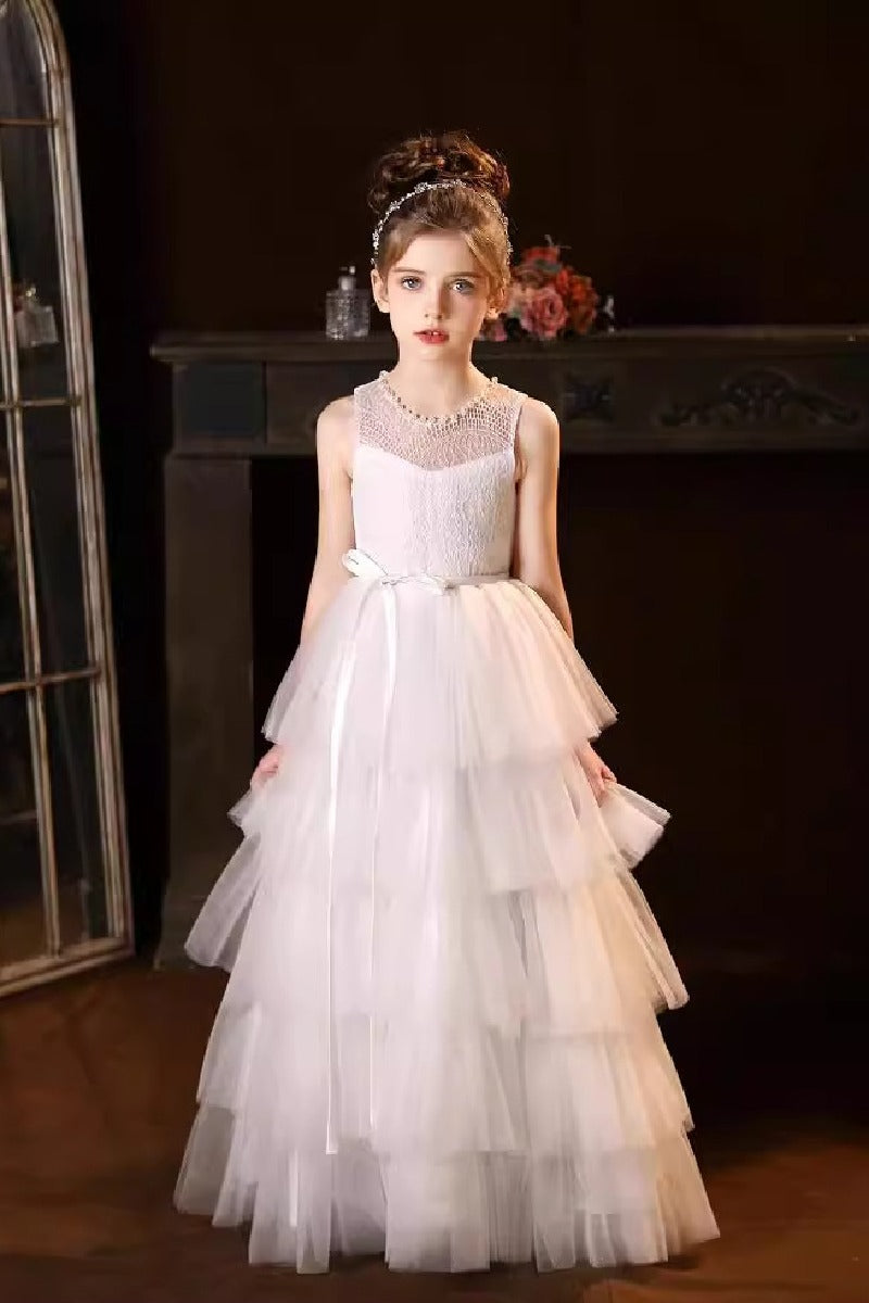 A-Line Scoop Neck Lace/Tulle Flower Girl Dresses With Cascading Ruffles 809160851086