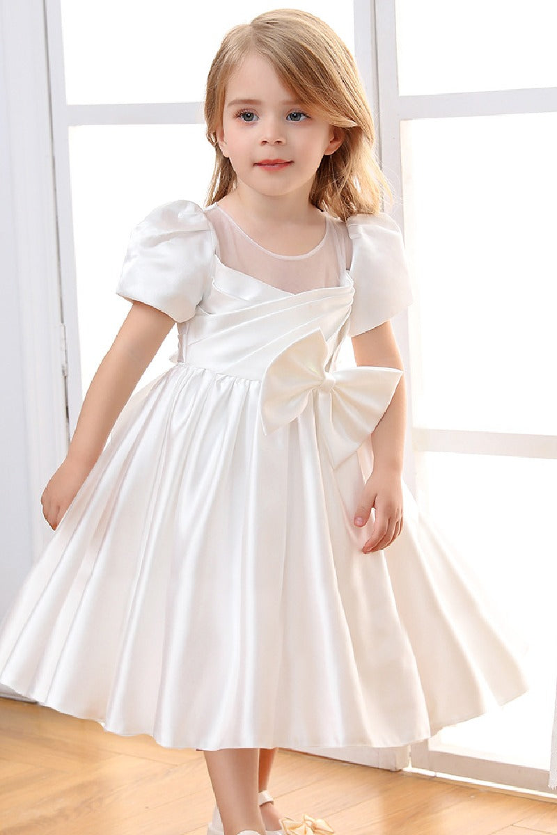 A-Line Illusion Neck Short Sleeves Satin Flower Girl Dresses With Bow(s)  669333816098