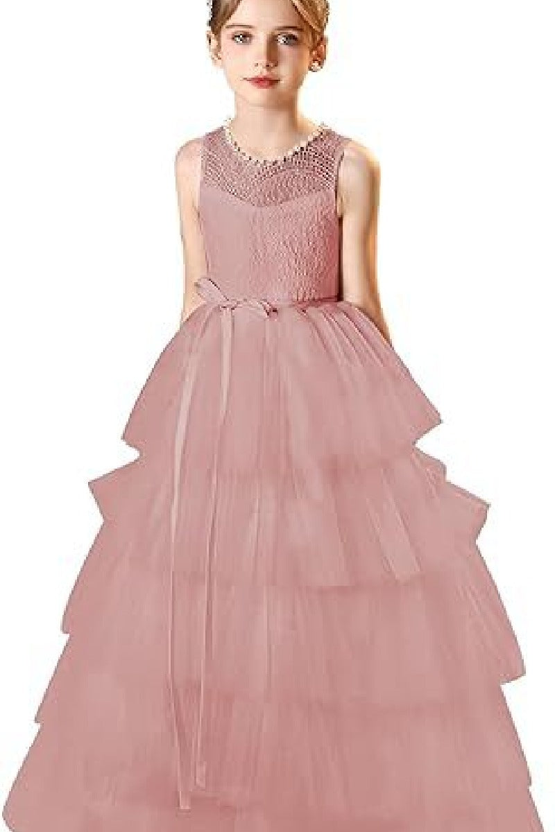 A-Line Scoop Neck Lace/Tulle Flower Girl Dresses With Cascading Ruffles 809160851086