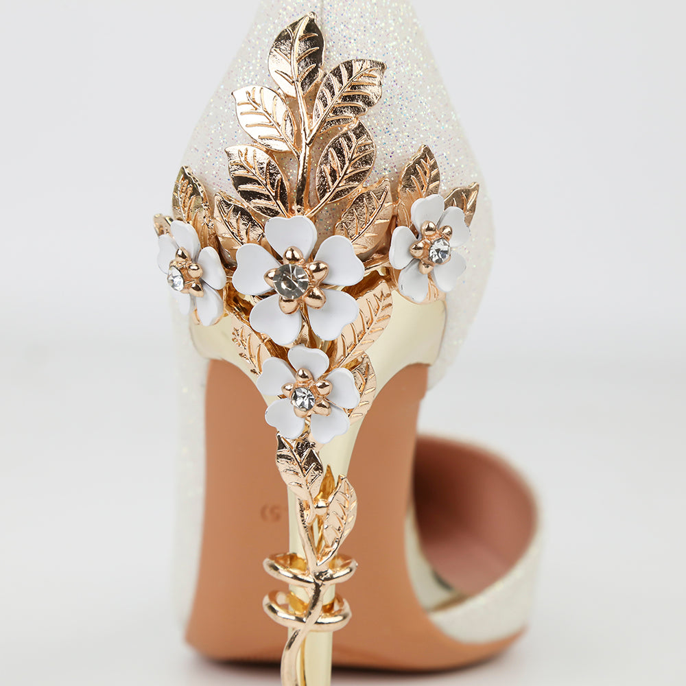 Sexy metal flower thin heels high side hollowed out wedding shoes pointed gold pink wedding shoes  689013312661